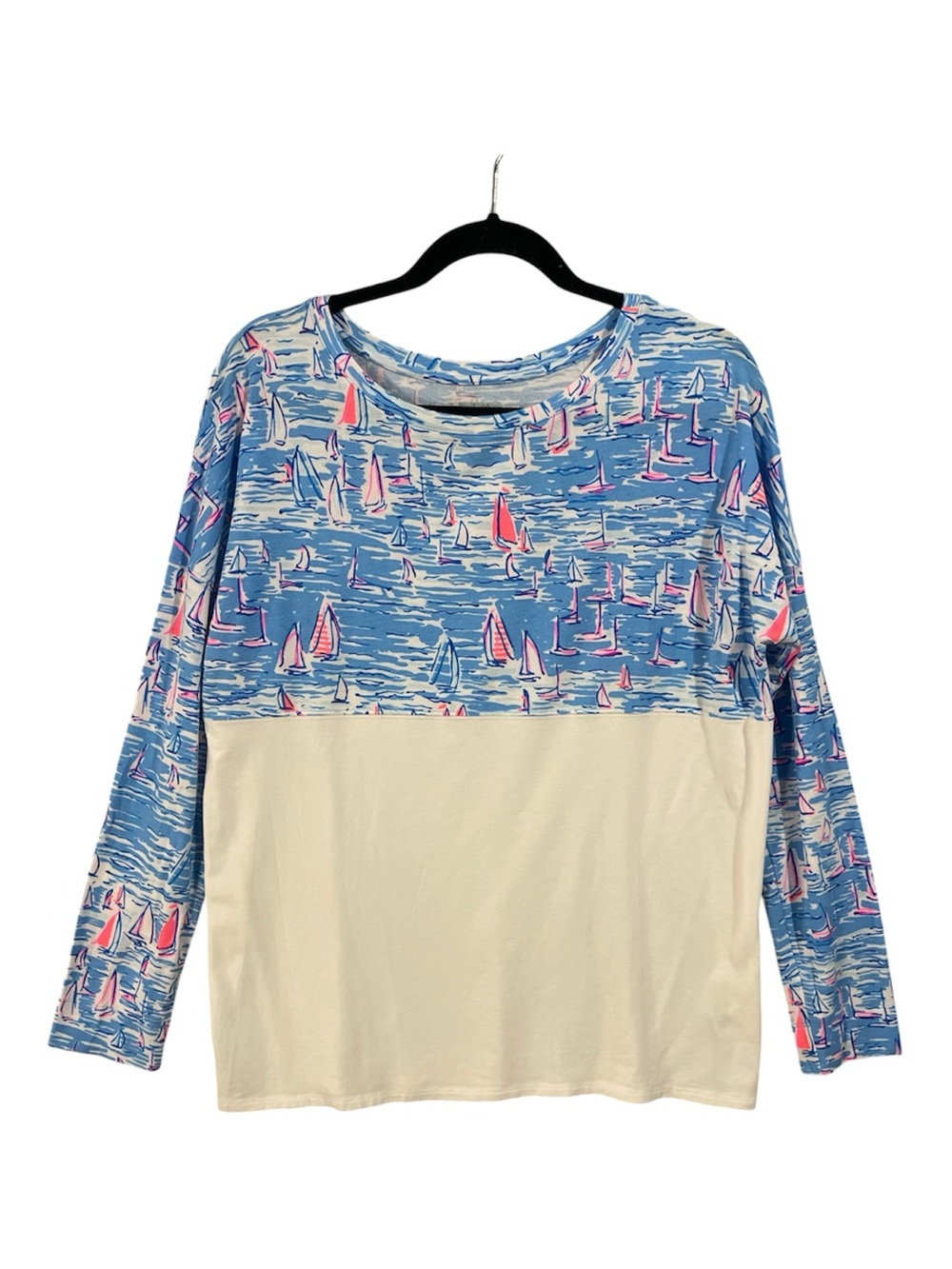 Lilly Pulitzer Finn Top Medium Zanzibar Blue Boatylicious Boats Print Stretch